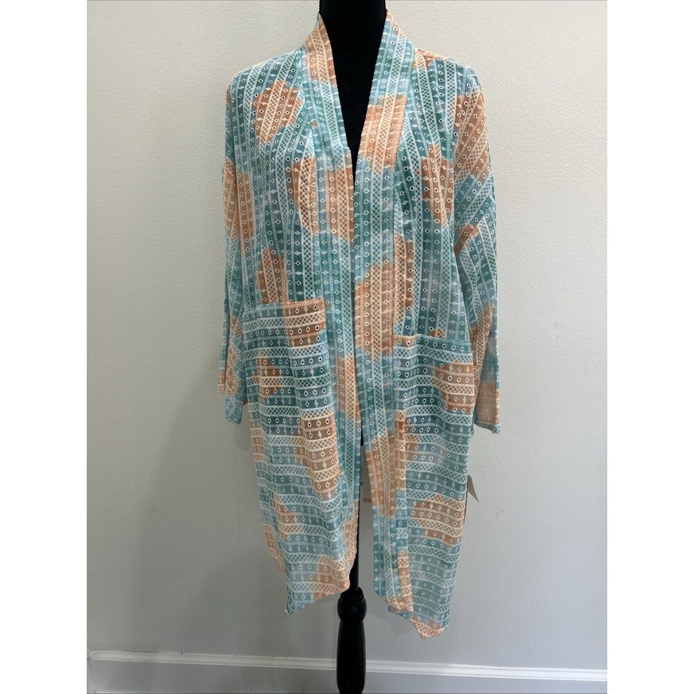 Ruby Rd Womens Sz 1X Cardigan Open Front 3/4 Sleeve Embroidered Blue Peach